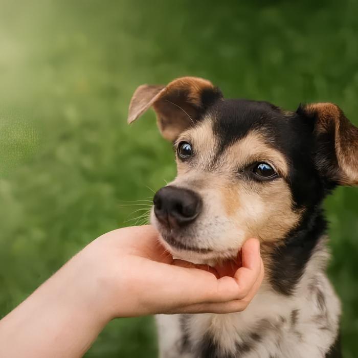 Een kleine bruin-zwarte hond wordt onder de kin geaaid door een hand, met een zachtgroene grasachtergrond.